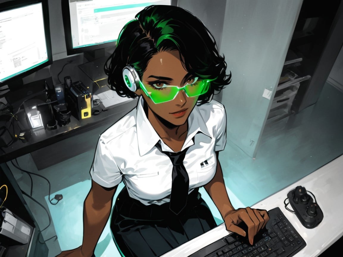 Top Down, Machines In Background, Blueprints On A Computer Monitor Latina AI Porn