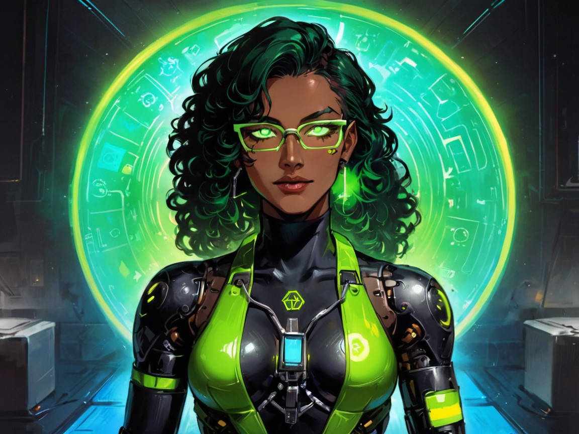 Neon Green Neurosuit, Hard Light, Multiple Robots In Background Latina AI Porn