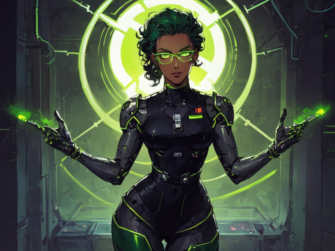 Green Glasses, Chest And Hips Proportionate, Multiple Robots In Background Latina AI Porn