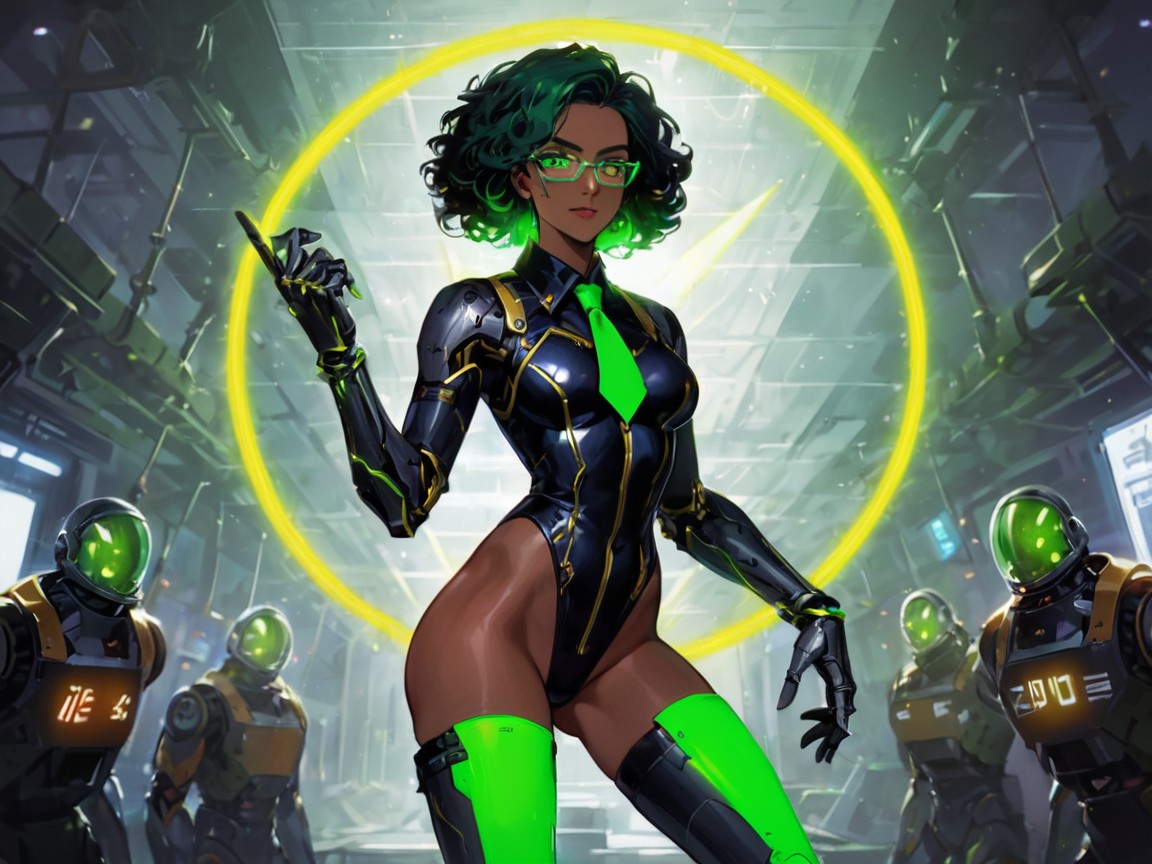 Ojos Brillantes, Neon Green Living Metal Body, Wearing Green Plaid Clothes Porno latina IA