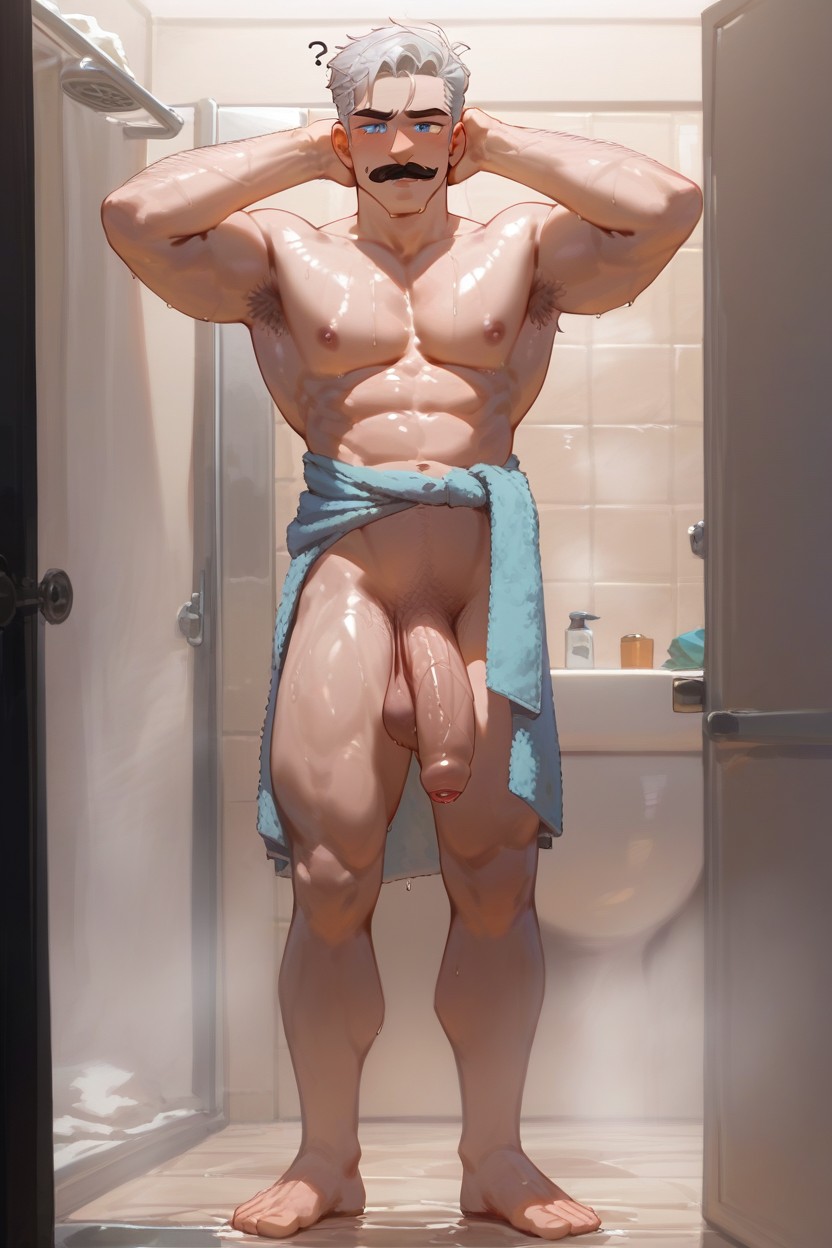 Dick Bursting Out Of The Towel, Muscular Lean Body, Grey Walls AI Gay Porn
