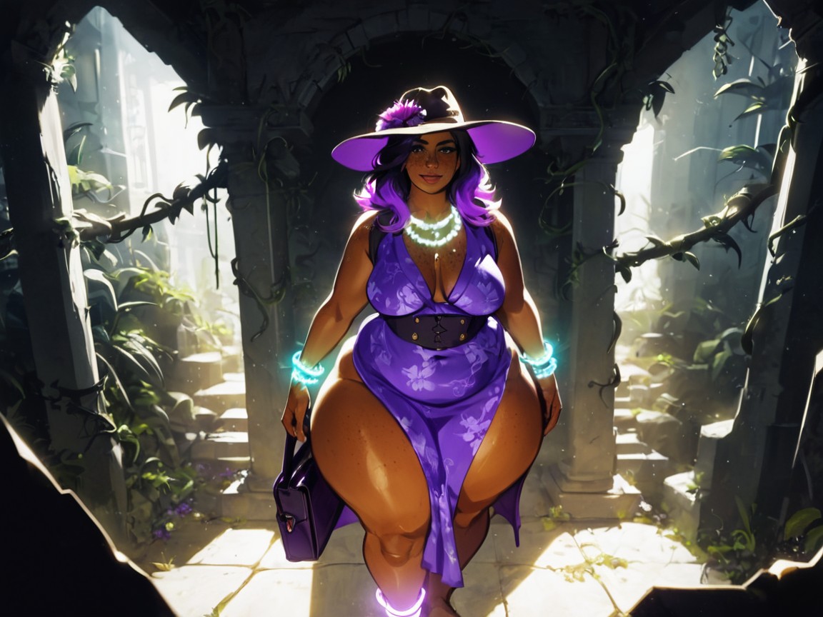 Neon Purple Glowing Vines, Rounded Abdomen, Wide Proportionate Waist Latina AI Porn