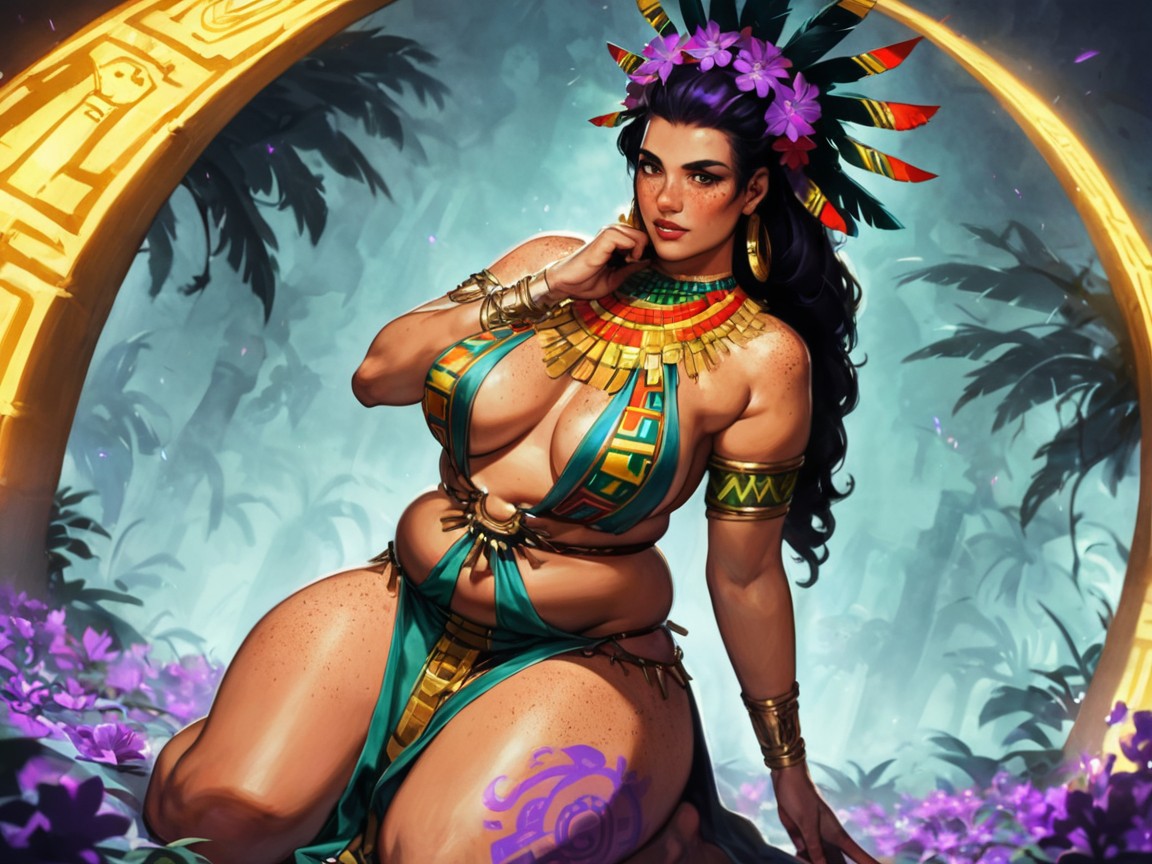 Wearing Purple Floral Print Mystic Clothes, Saturated Colors, Woman Kneeling Porno latina IA
