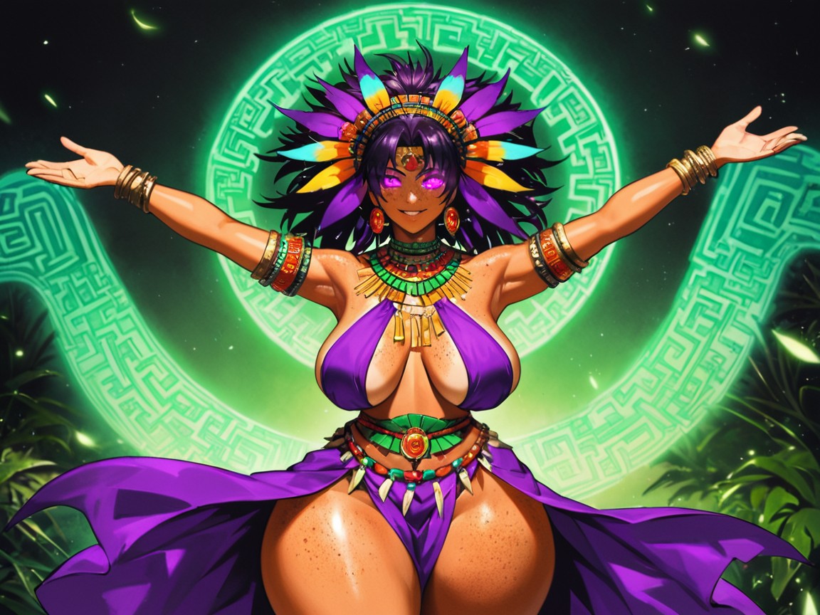 Purple Flower In Hair, Jungle Shrine Background, Rounded Hips Latina AI Porn