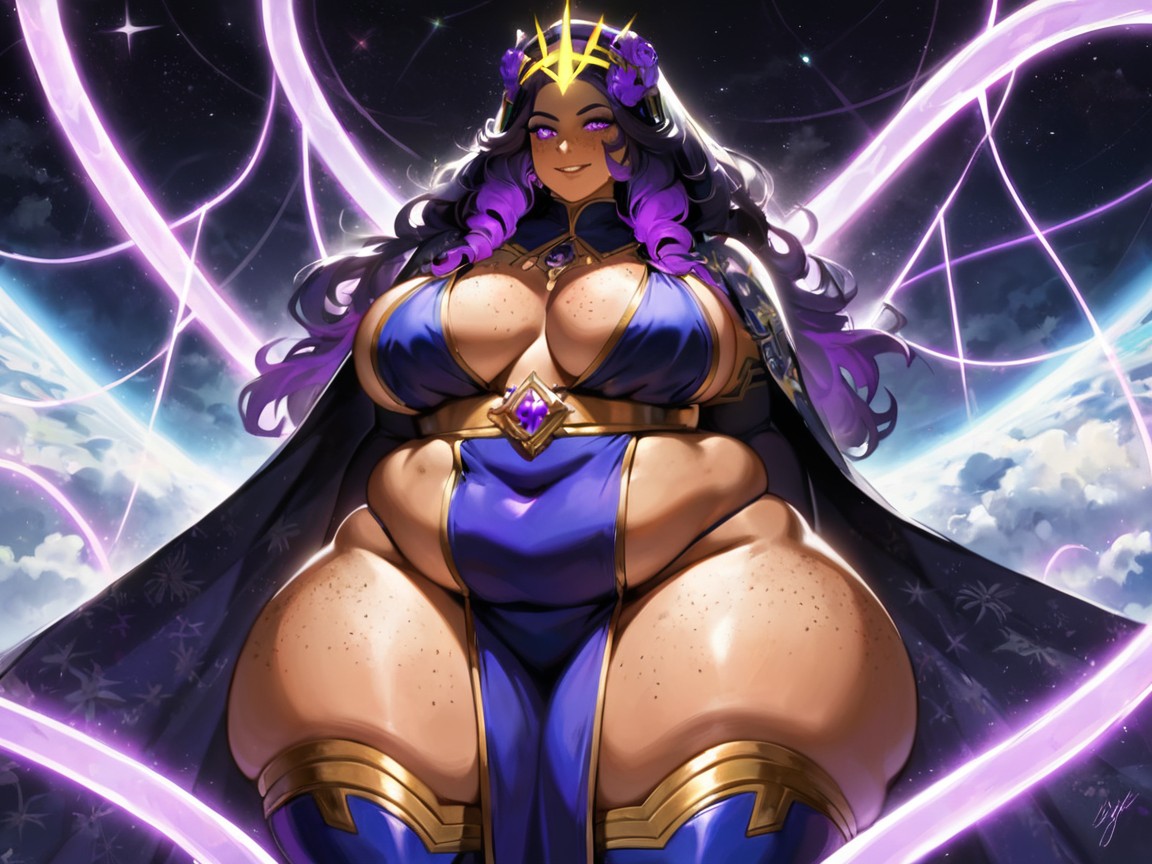 One Woman, Spaceship Location, Wearing Purple Floral Print Priestess Clothes Latina AI Porn