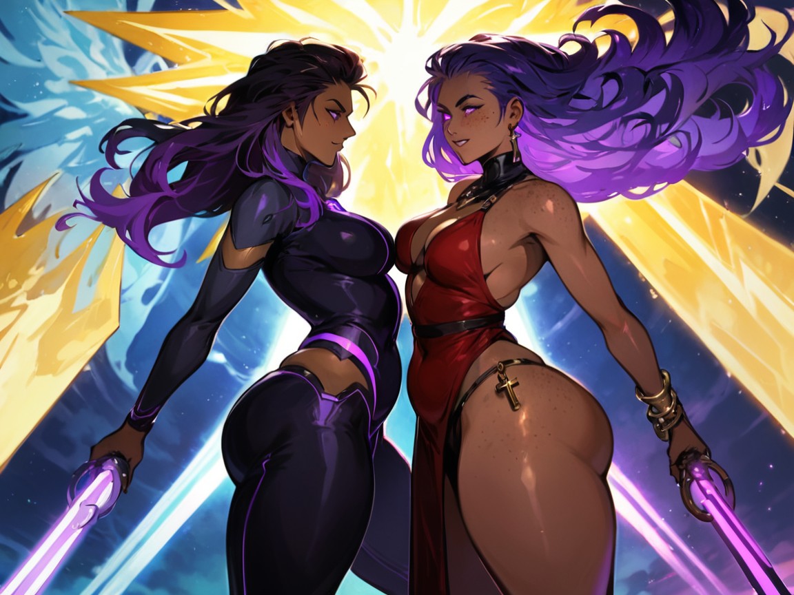 Freckles On Face, One Woman, Neon Purple Vines Wrapped Around Woman Porno latina IA