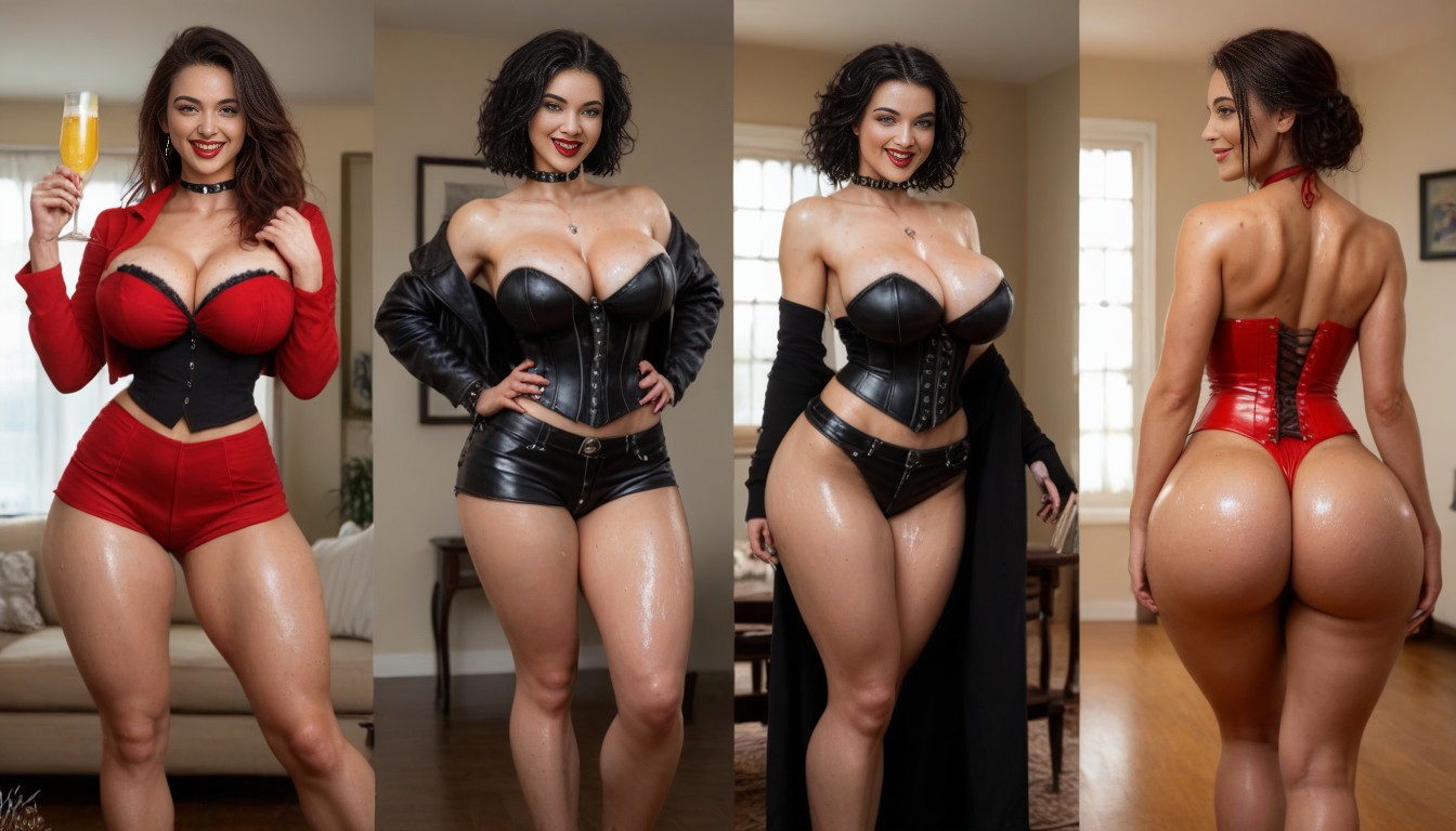 Shiny Dark Red Lipstick, Front View, Big Extremely Round Buttocks AI Porn
