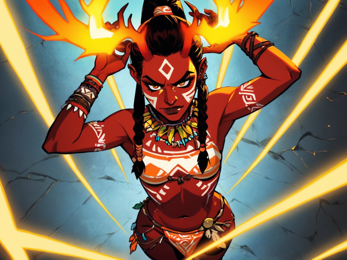 Small Breasts, Top Down, Neon Orange Energy Surge On Ground Latina AI Porn