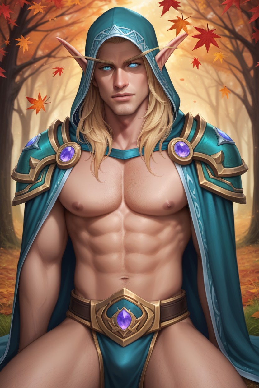 Orange Leaves, Shown Waist, Wide Opened Eyes AI Gay Porn