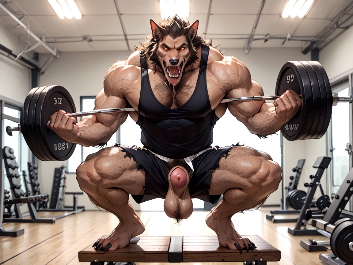 18+, A Werewolf Is Seen Lifting Weights On A Bench In A Gym, Large Claws For Feet AI Gay Porn