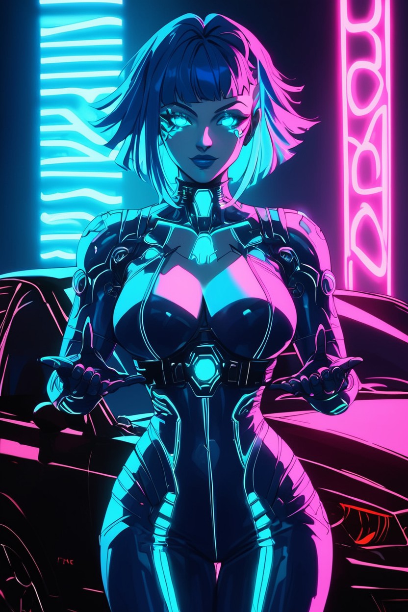 Sloped Shoulders, Hieroglyphic Decals On Car, Bright Blue Lights Hentai AI Porn