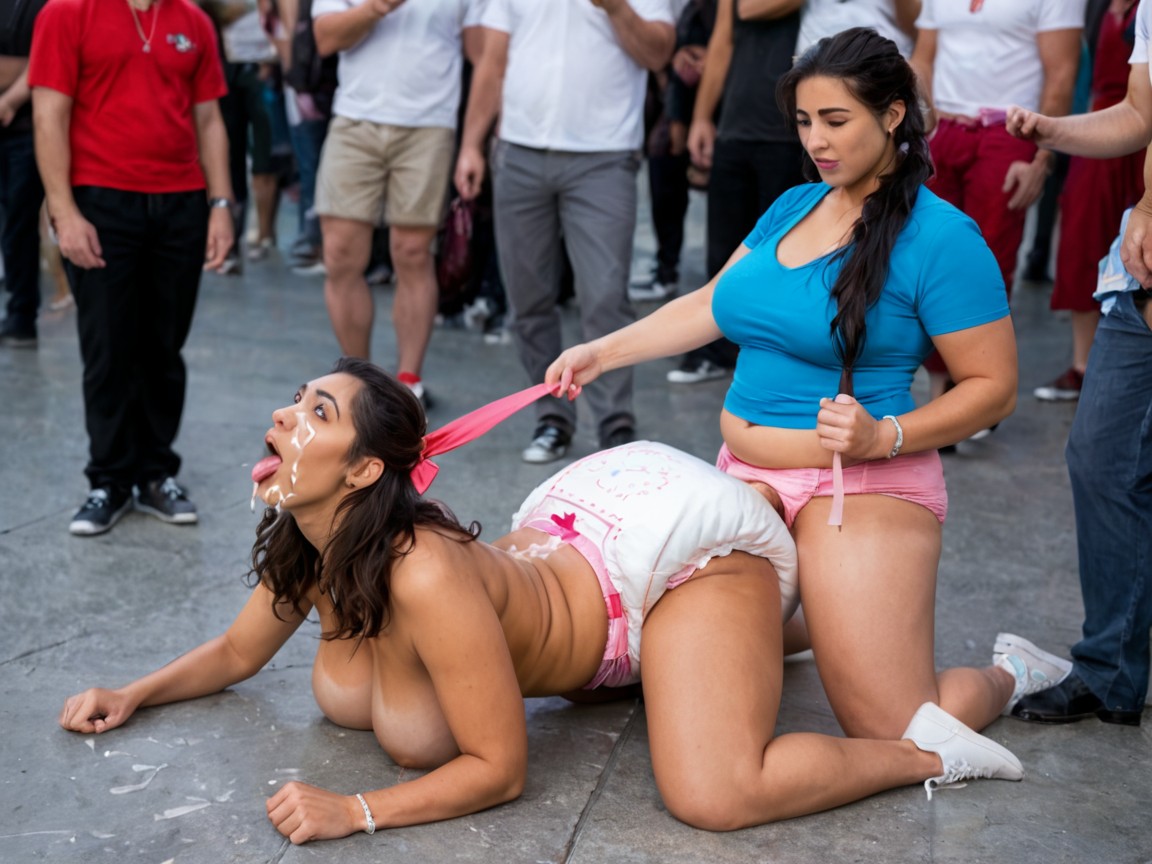 A Latina Wearing A Pink Diaper Lays In A Puddle Of Cum, 충격을 받음, Men Hold Her Down 라틴 AI 야짤