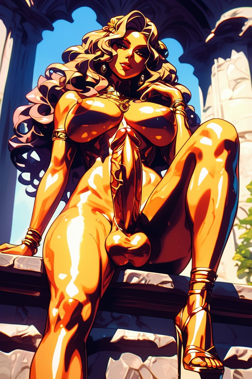 On The Shins Below Are Golden Bracelets, Naked, A Beautiful Woman Futanari Goddess AI Porn