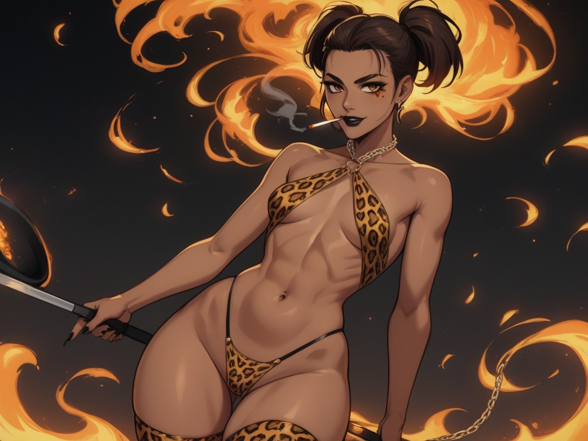 Wearing A Leopard Print Apron, One Woman, Fire In Background Porno latina IA
