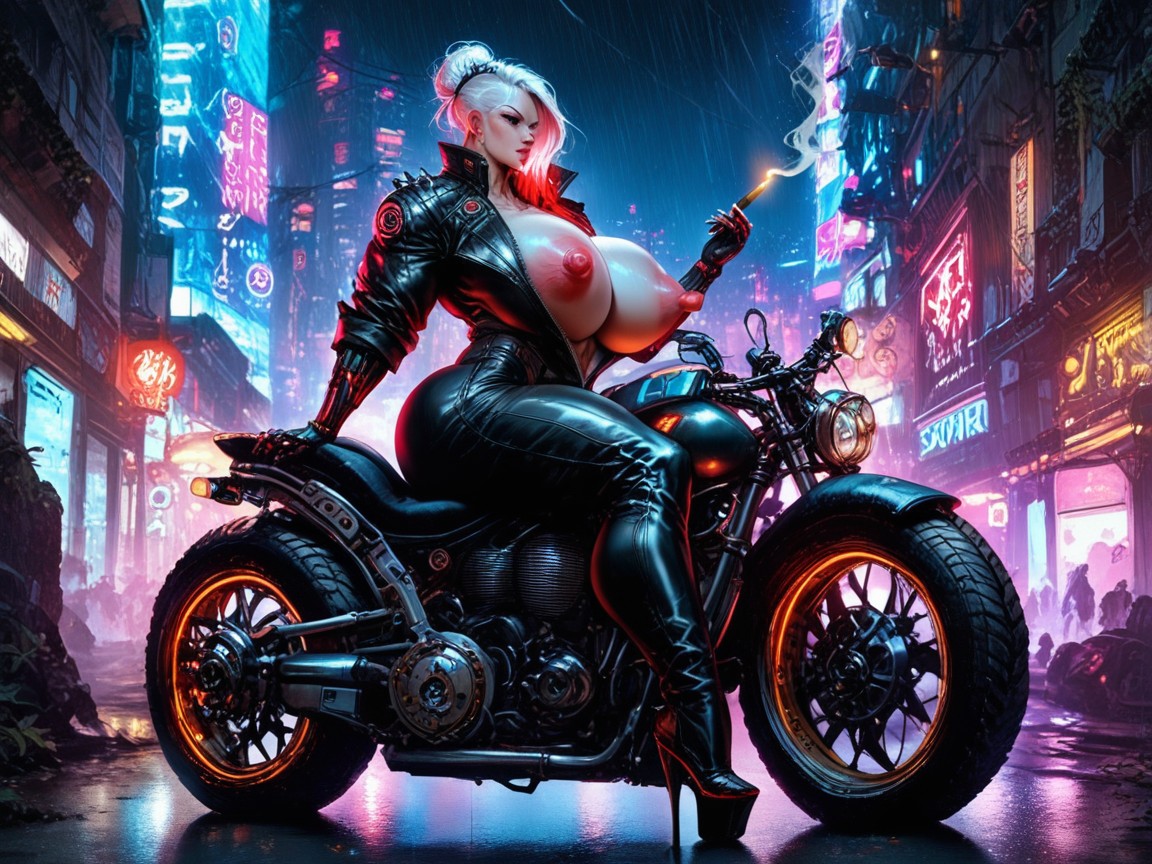 Thick Thighs, Cyberpunk City, Sitting On A Chopper Motorcycle With A Large Rear Wheel Hentai AI Porn
