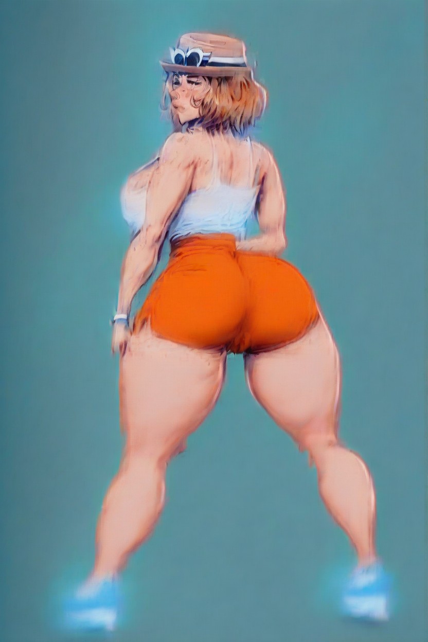 Visible White Thong, Orange Sporty Shorts, Serious AI Porn
