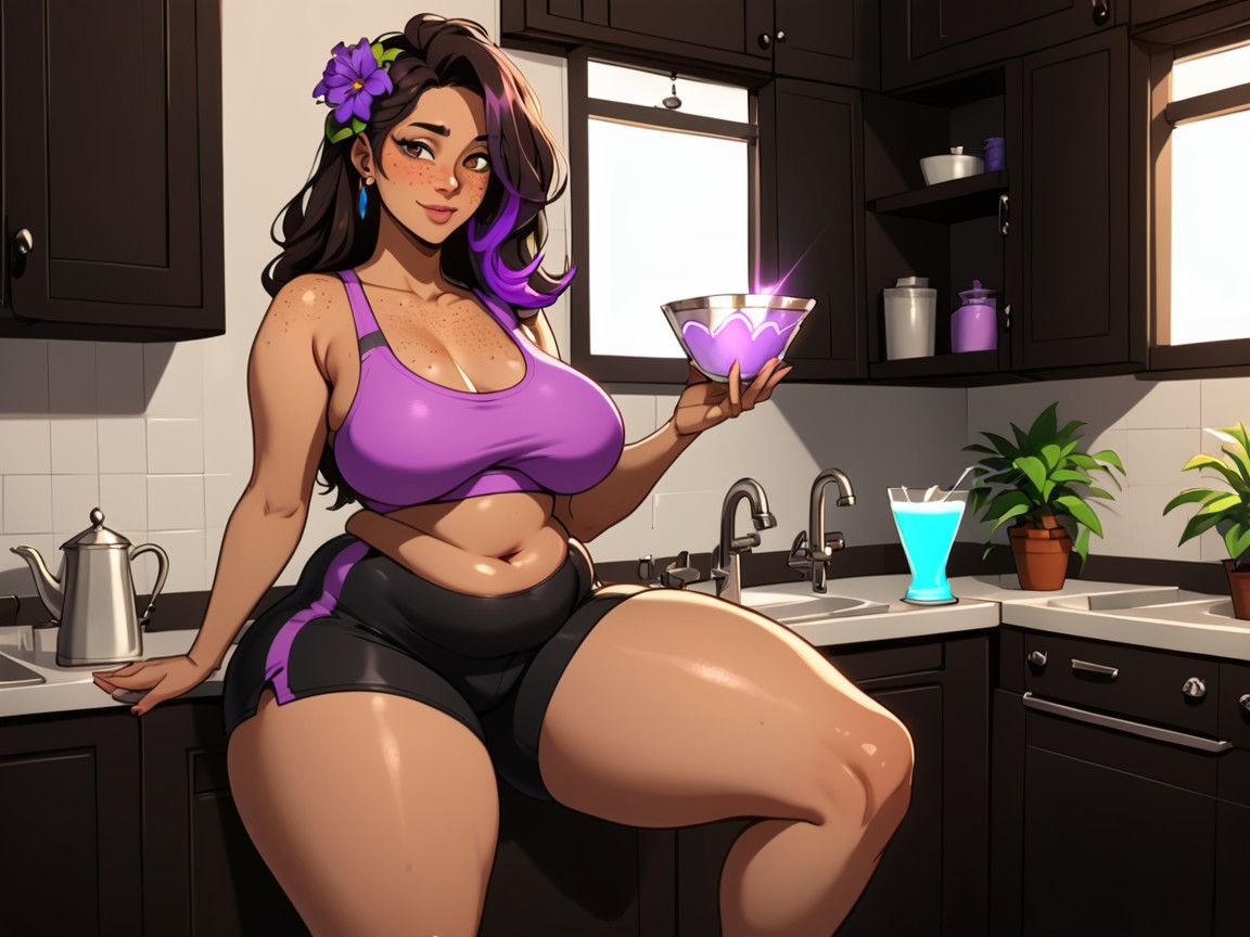 Thick, Wild West, Freckles Black Permed Hair With Purple Highlights AI Porn