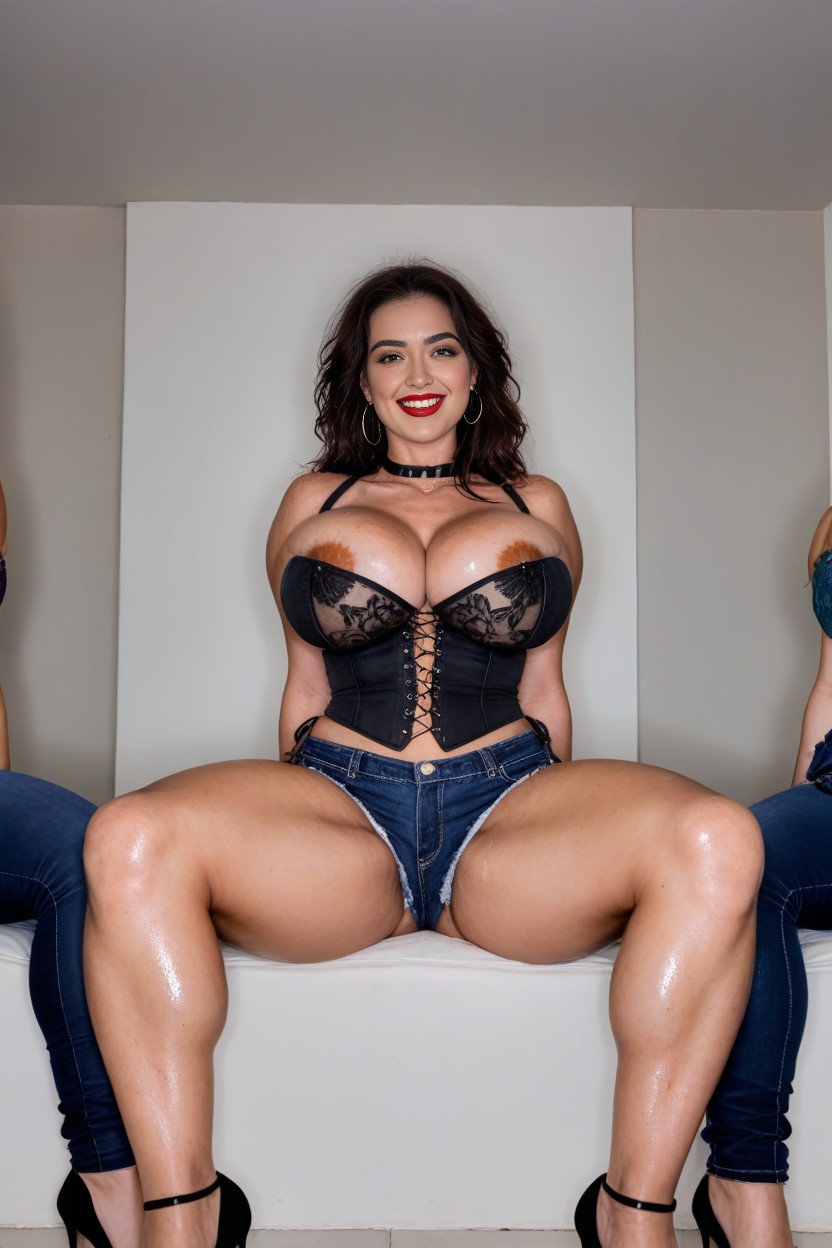 Dark Black Eyeshadows, Sitting With Her Legs Crossed, Super Sweaty Shiny Skins AI Porn