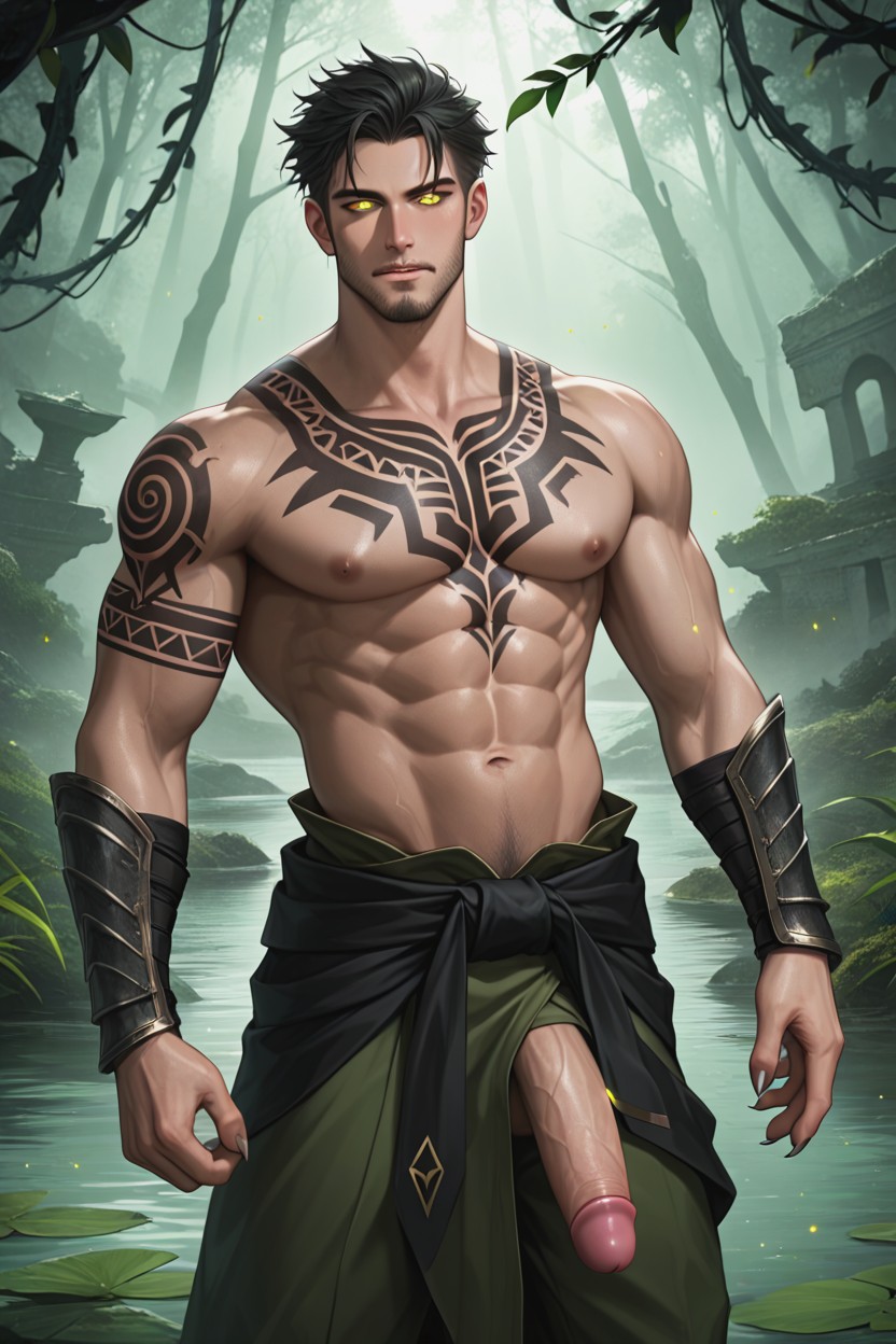 Sharp Claws, Glowing Green Reptilian Eyes, He Is Jerking Off AI Gay Porn