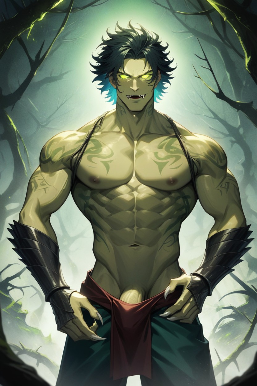 Wearing A Dark Green Sleeveless Ninja Tunic, He Is Jerking Off, Tall AI Gay Porn