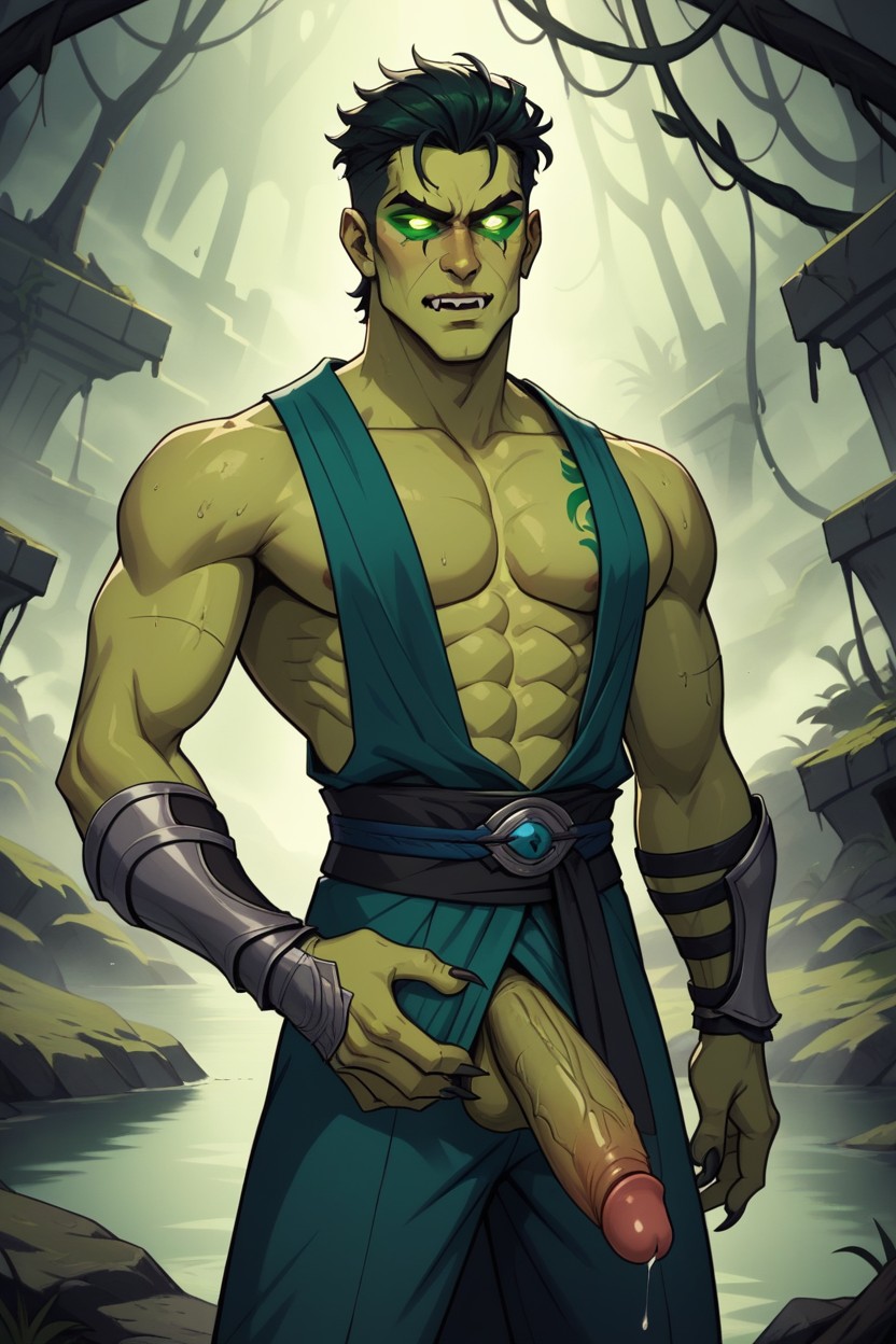 Wearing A Dark Green Sleeveless Ninja Tunic, Sharp Claws, Eerie Fireflies Flickering In The Distance AI Gay Porn