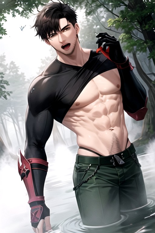 Green Aura Pulsing Around Body, Intricate Black Tribal Tattoos On Face, Ultra High Res AI Gay Porn