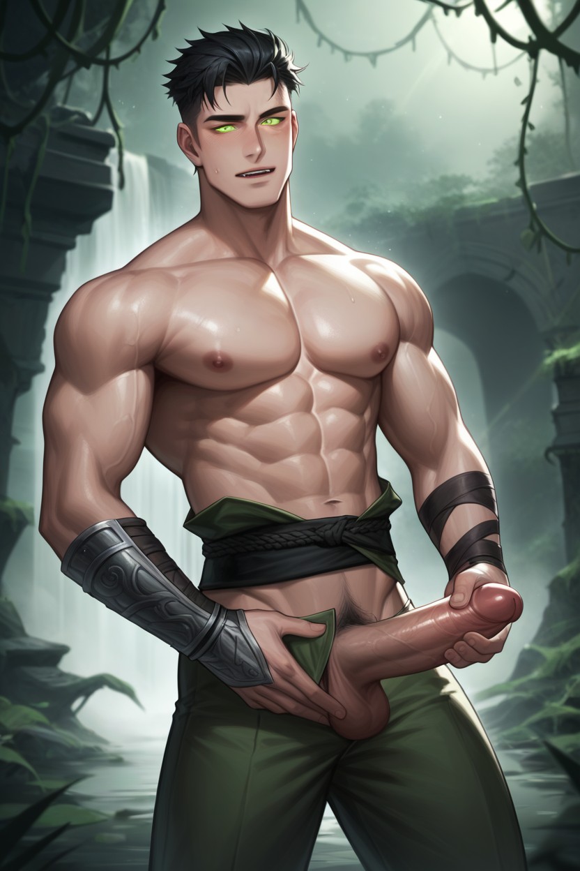 Open Chest Revealing Toned Abs, Korean, Messy Black Hair AI Gay Porn