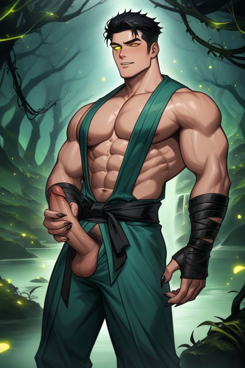 Lean Muscular Build, Korean, Messy Black Hair AI Gay Porn
