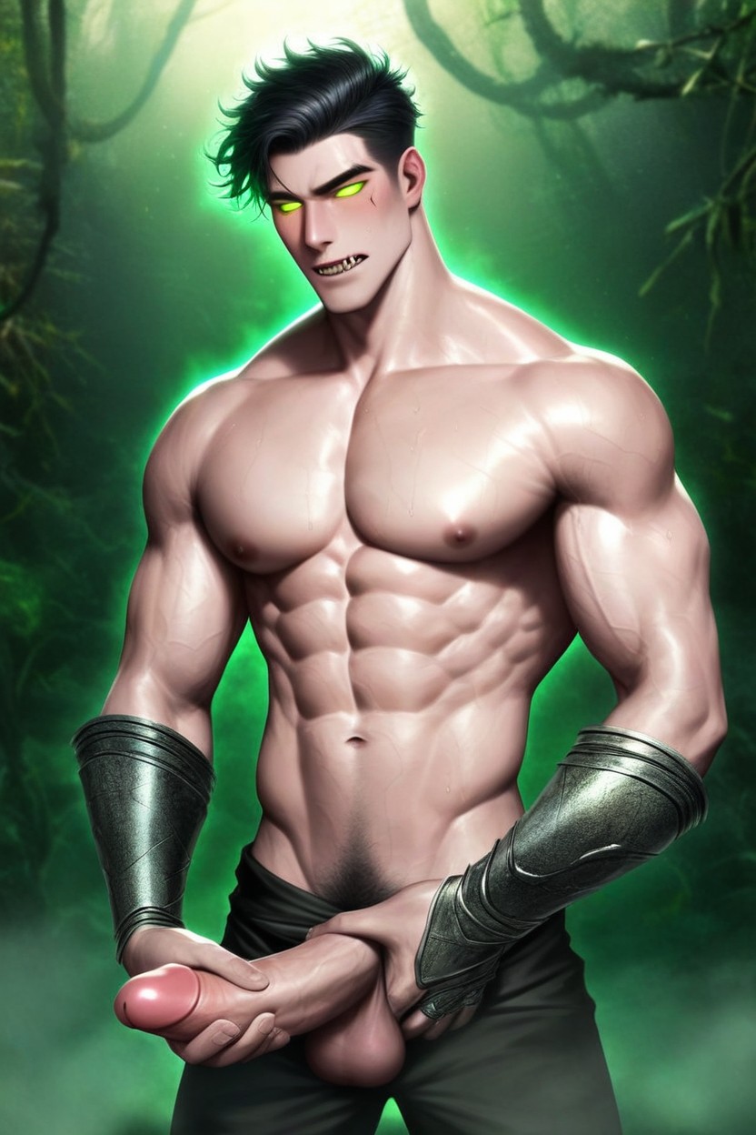 Messy Black Hair, Octane Render, Wearing A Dark Green Sleeveless Ninja Tunic AI Gay Porn