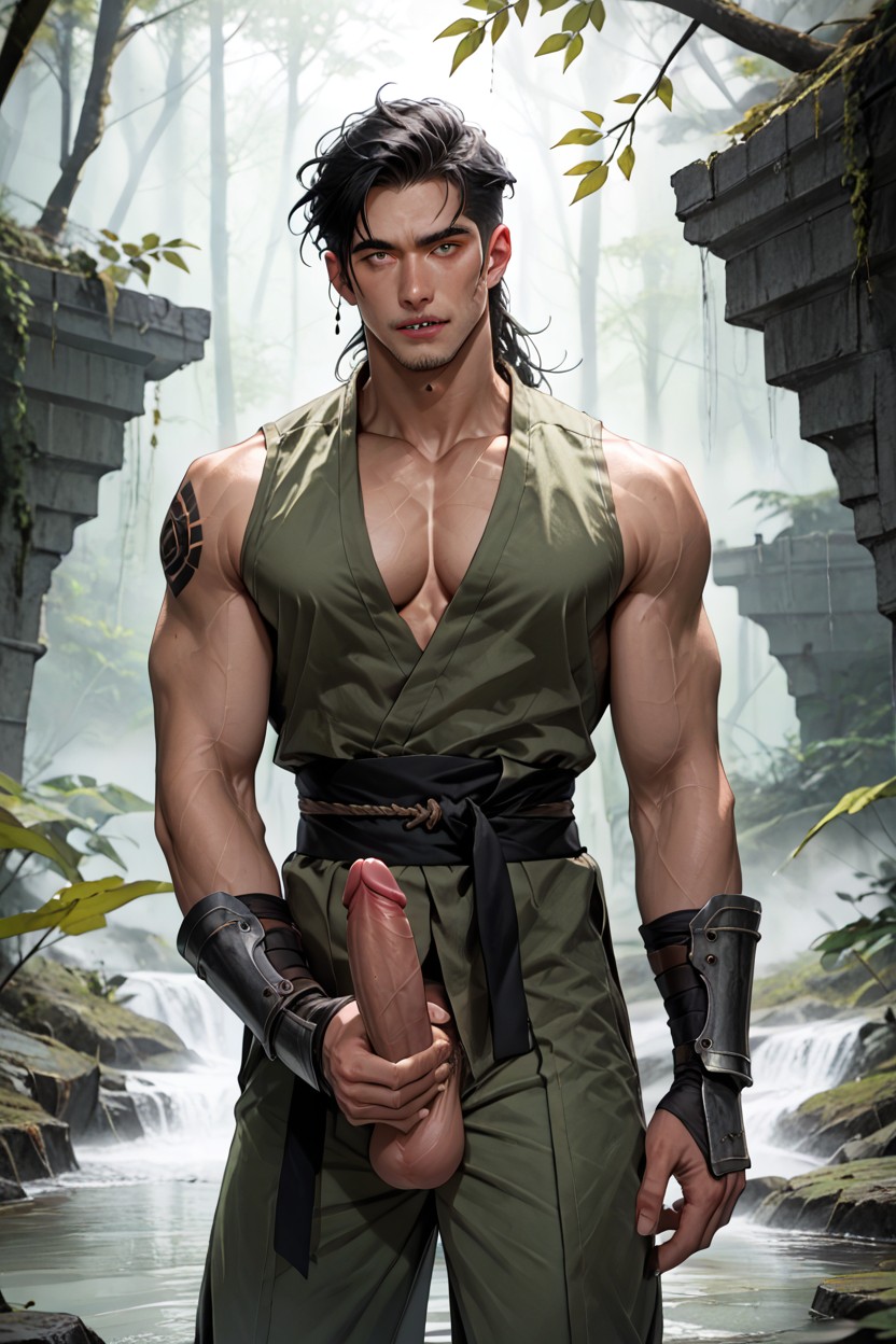 Octane Render, Wearing A Dark Green Sleeveless Ninja Tunic, Intricate Black Tribal Tattoos On Face AI Gay Porn