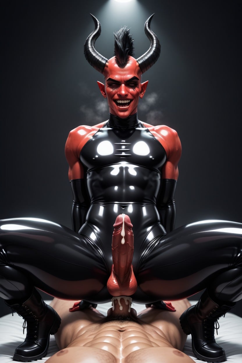 Latex Suit, Red Skin, Legs Spread AI Gay Porn