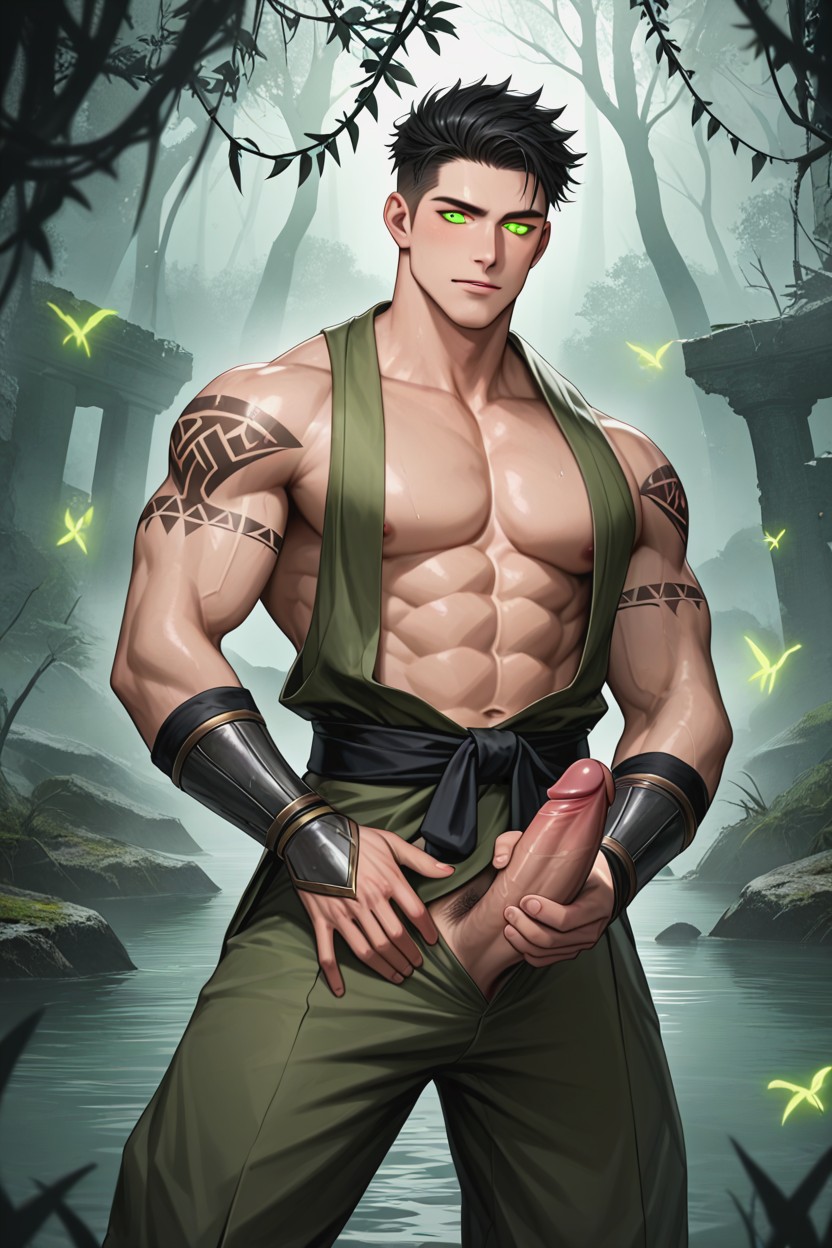 Black Sash Around Waist, Standing In A Confident Pose, Eerie Fireflies Flickering In The Distance AI Gay Porn