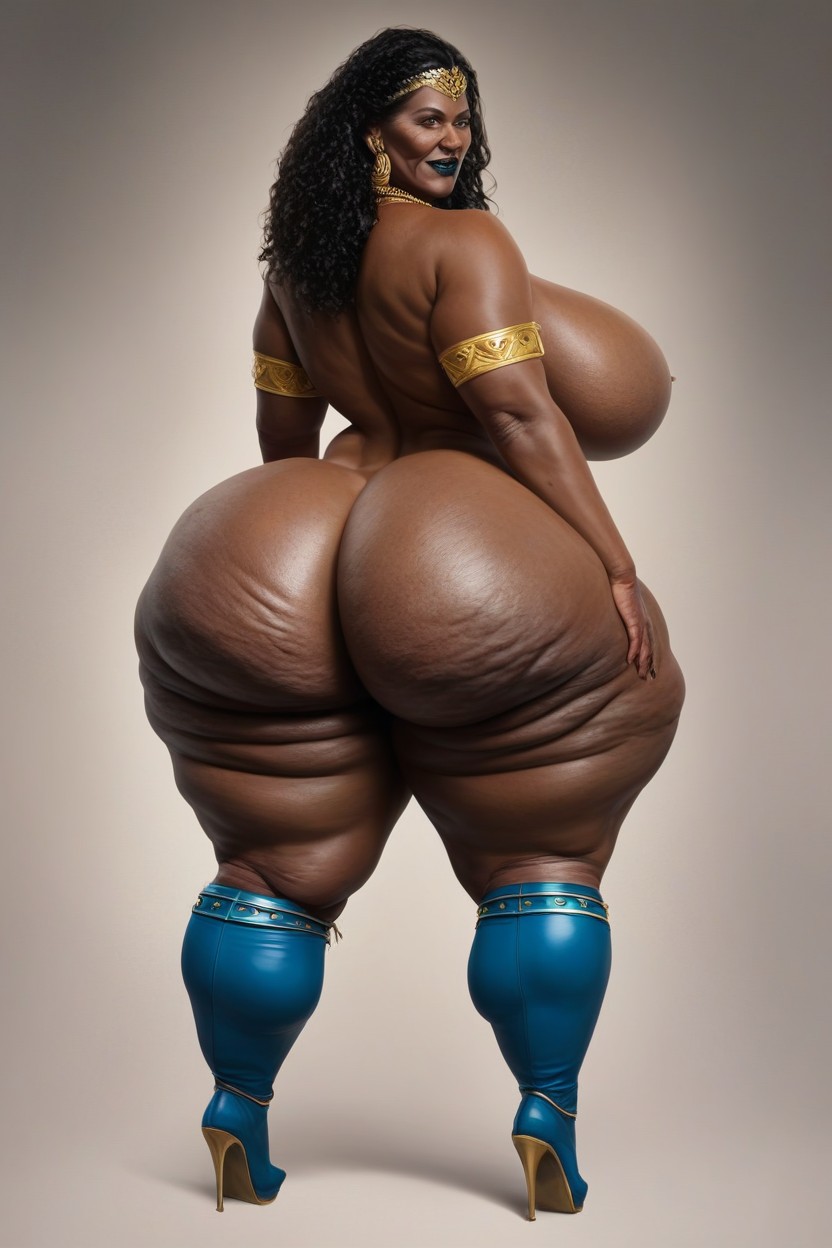 Curly, Dark Black Oily Skin Nigerian Woman Looking At Viewer With Gold Armbands, Hyper Wide Hips AI Porn