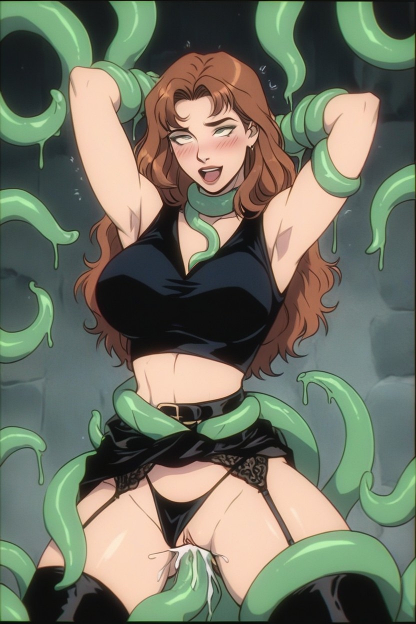 Moaning, Tentacles Removing Her Skirt, Comic Style Image Border Hentai AI Porn
