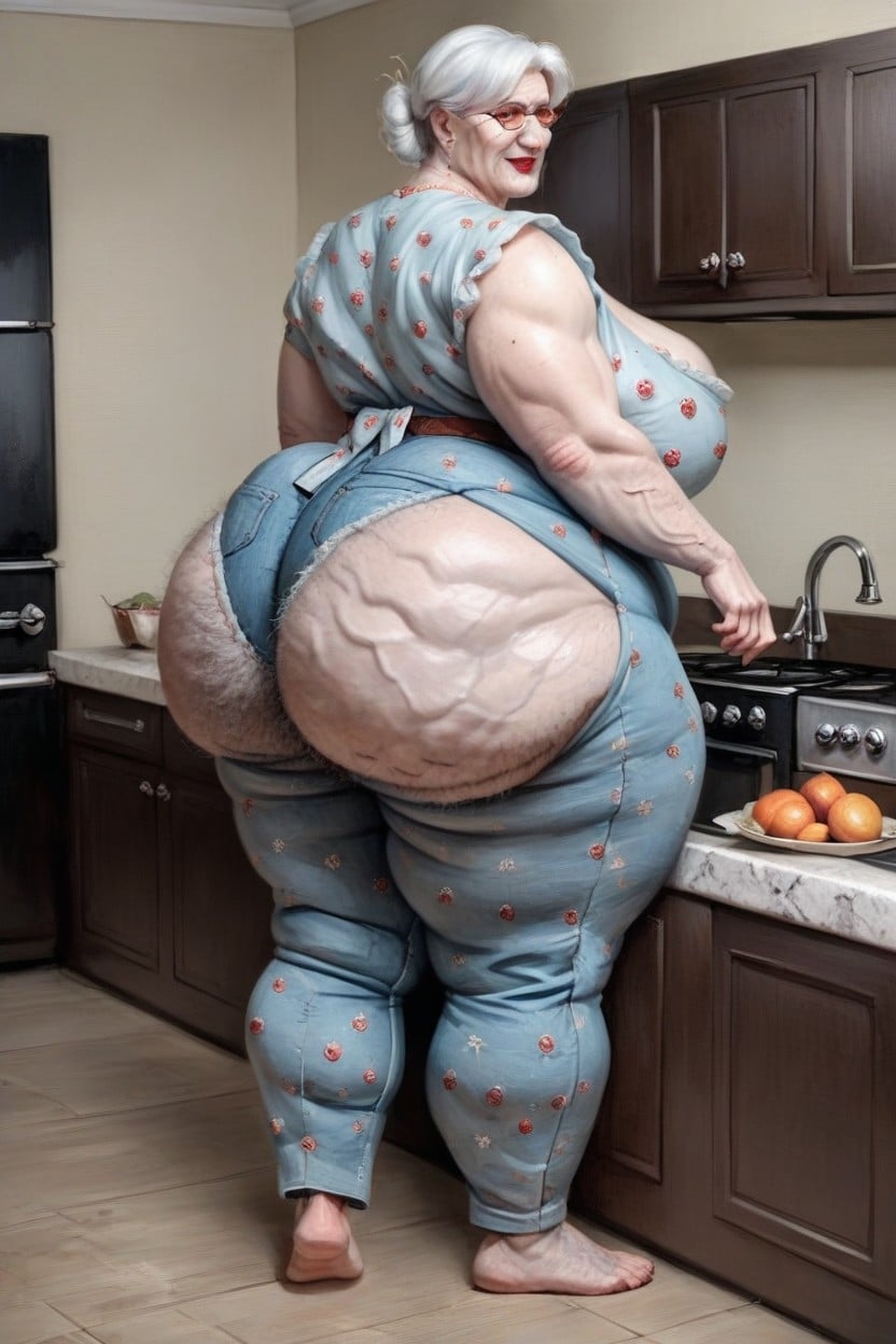 Peeping On Grandma In Kitchen, Giant Tall Futanari, Grandma Is A Giant AI 포르노