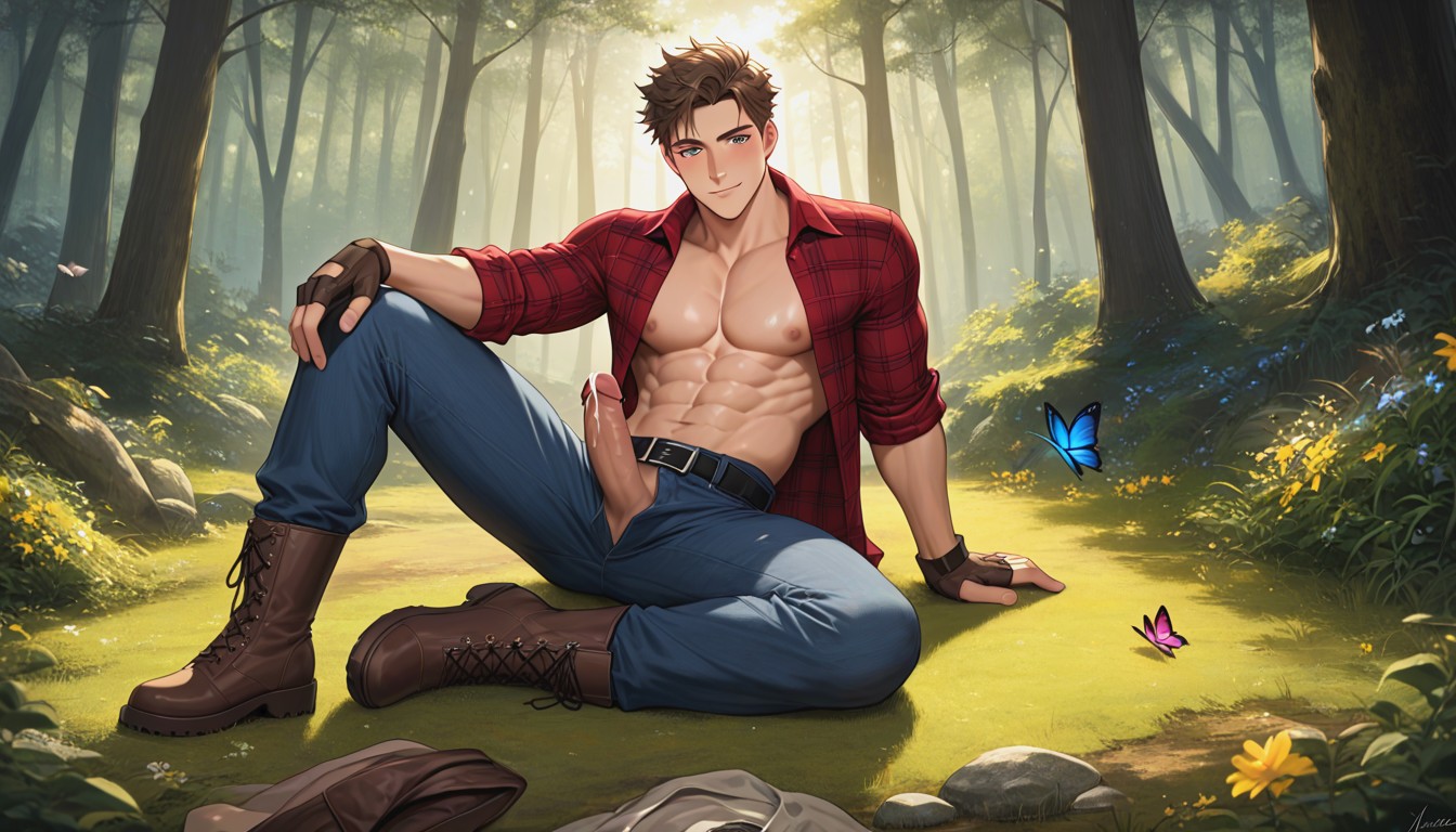 Dark Brown Fingerless Gloves, Light Skin, Dark Red Flannel Shirt AI Gay Porn
