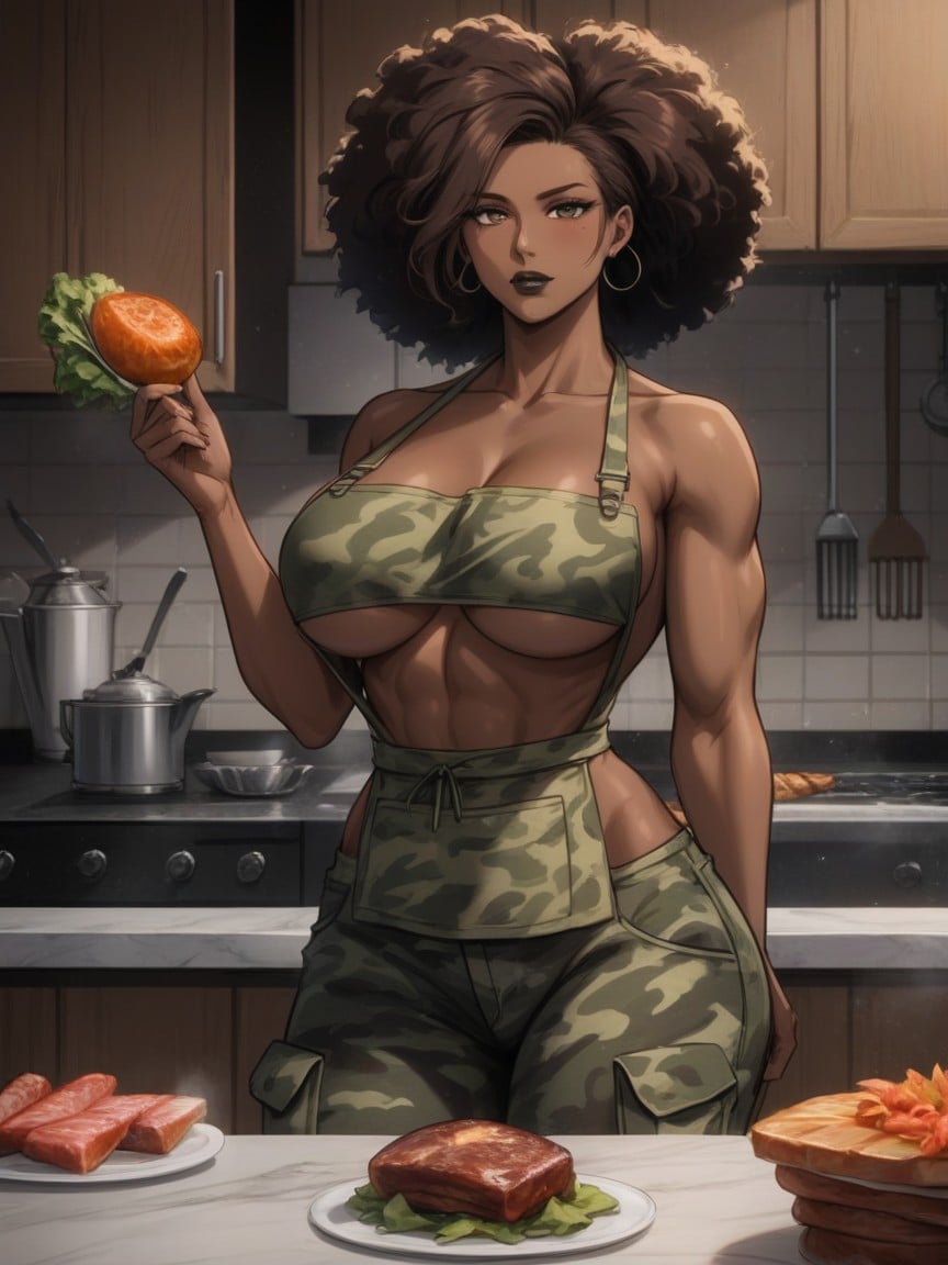 Massive Firm Breasts, Meat On Stove In Background, Woman Holding A Chicken Bone AI Porn