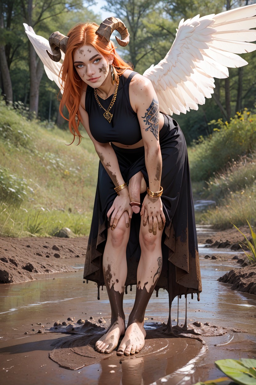 Leg Tattoos, Green Eyes, Angel Wings Shemale AI Porn