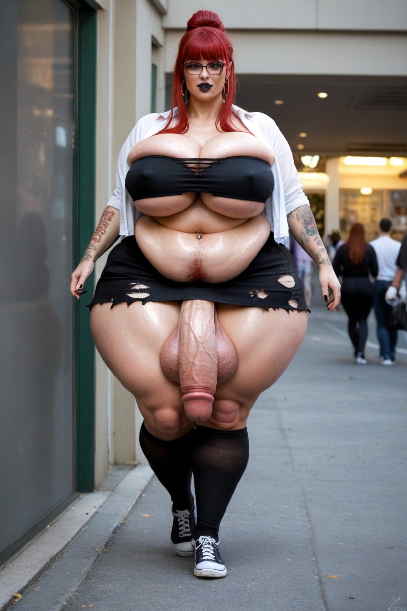Bangs, Massive Round Boobs, Walking On The Sidewalk Shemale AI Porn