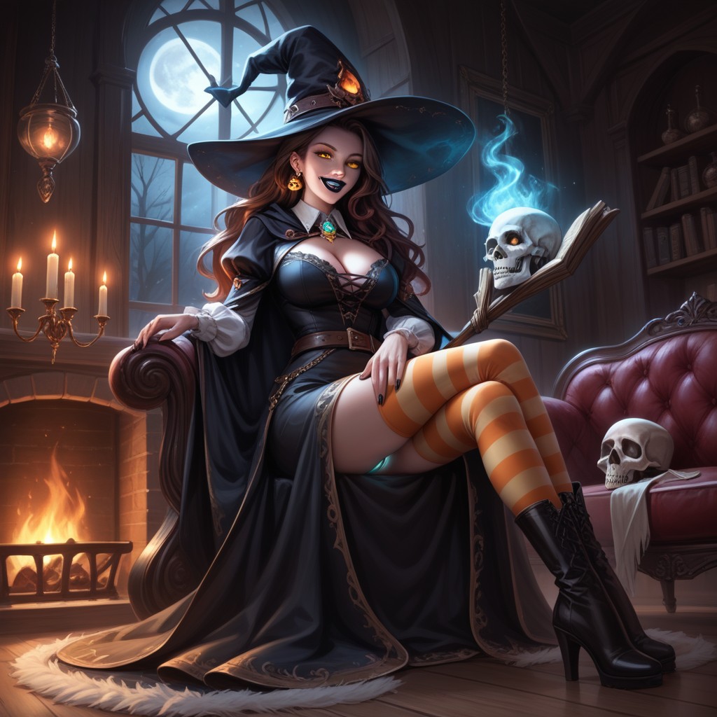 Witch Adult Black Boots, Puffy Sleeves, Candy Hentai AI Porn