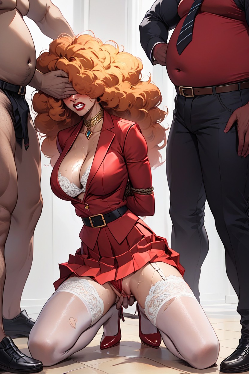 Extreme Blushing, Bangs Covering Eyes, Red Detailed Bra AI Porn