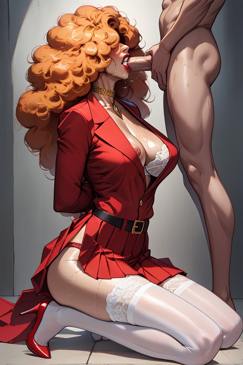 Red Lipstick, Black Waist Belt, Embarrassed AI Porn