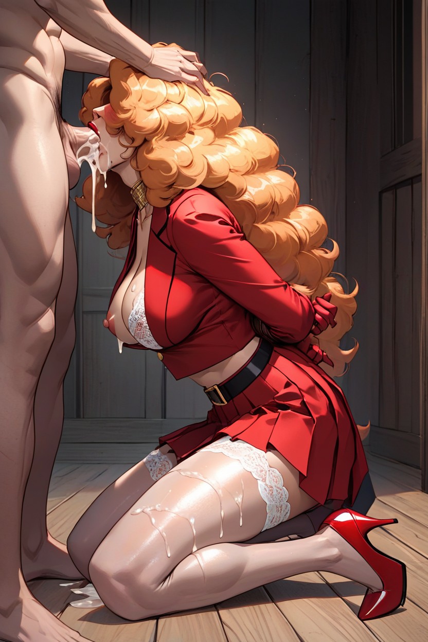 Red Pleated Skirt Pulled Up, Pink Pussy, Extreme Make Up AI Porn
