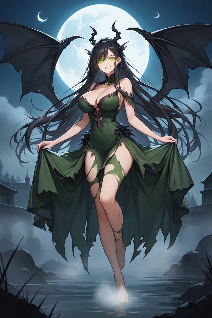 Busty Brunette Necromancer, Ripped Black And Green Dress, Querehsha From Solo  Leveling AI Porn