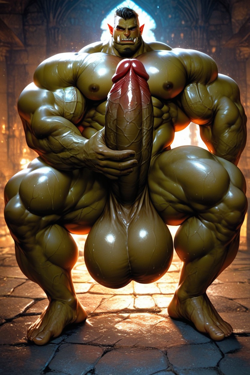Kneeling, Red Skin, Enormous Muscles AI Gay Porn