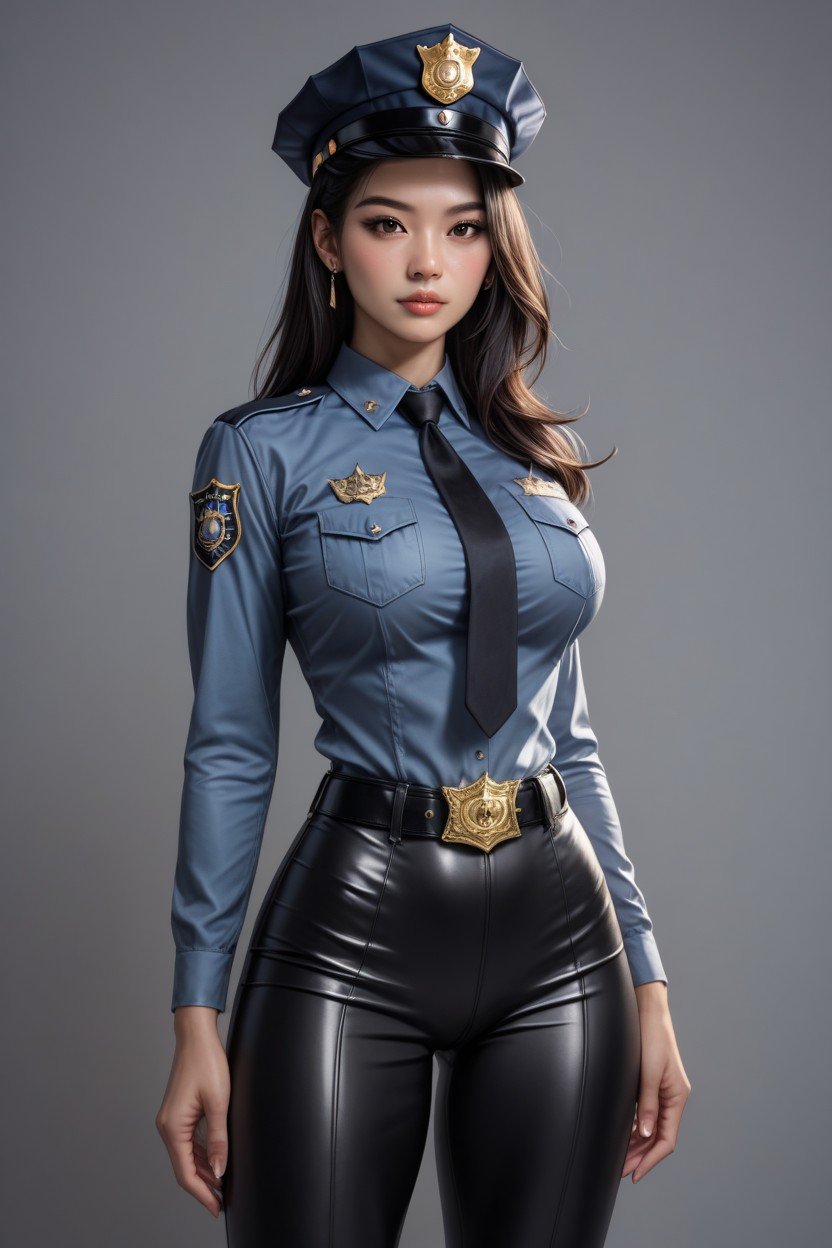 Black Latex Police Uniform, Asian Woman, Black Hair AI同性戀黃片