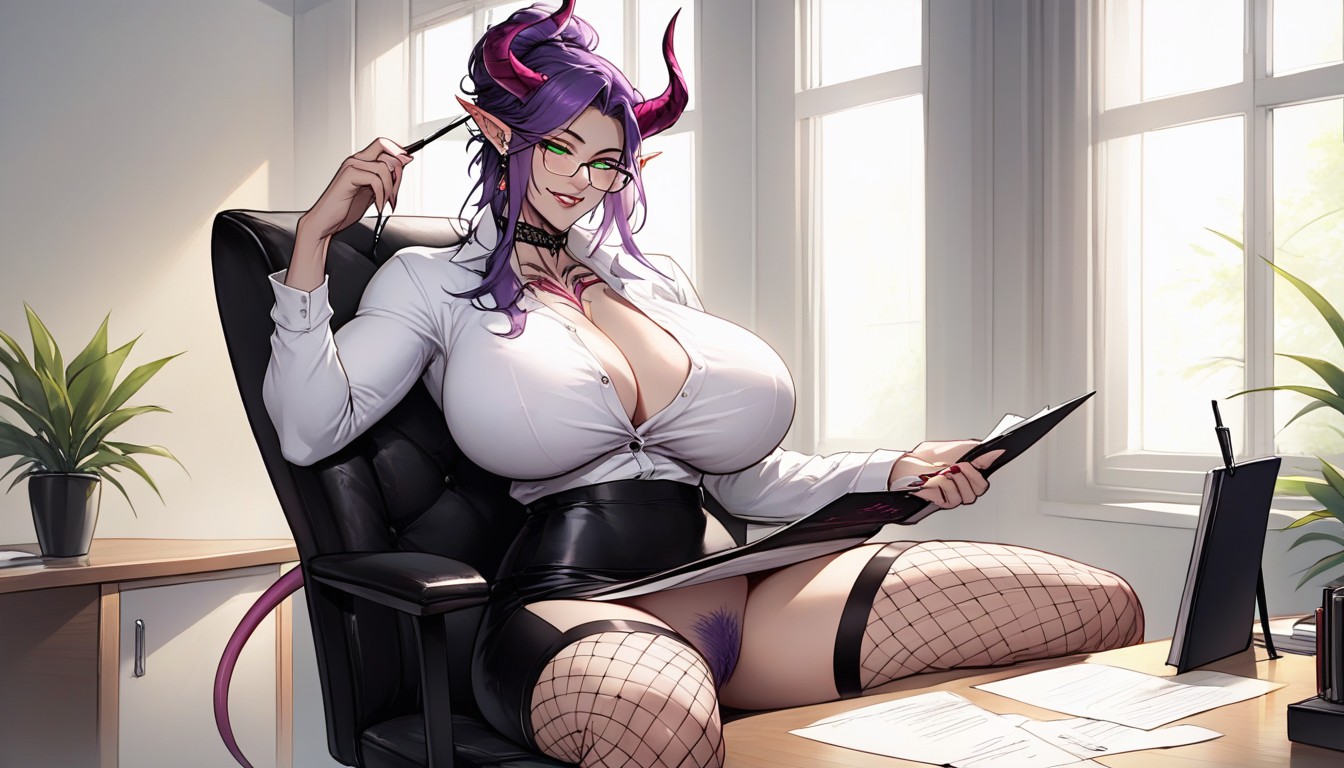 Fishnet Stockings, Pink Demon Horns, Black And Pink Tail AI Porn