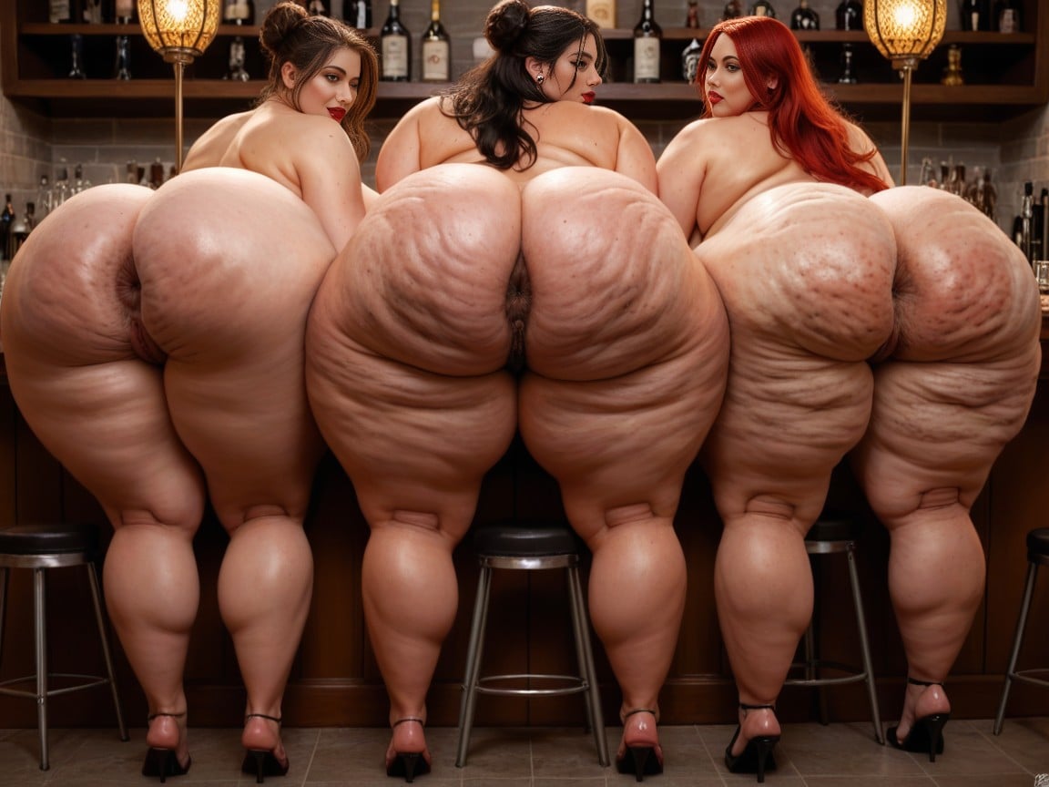 Hips Arched Sharply To Thrust Her Gigantic Ass Up, Cellulite Laden Ass And Ravaged, Red Lipstick BBW AI Porn