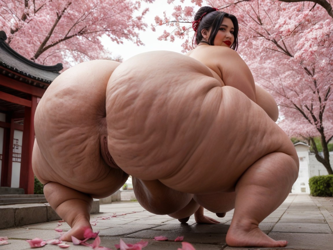 Extremely Large Ass, Cast Deep Shadows Her Ultra Detailed Puckered Anus Oozes Full Body Side View, Morbidly Obese BBW AI Porn