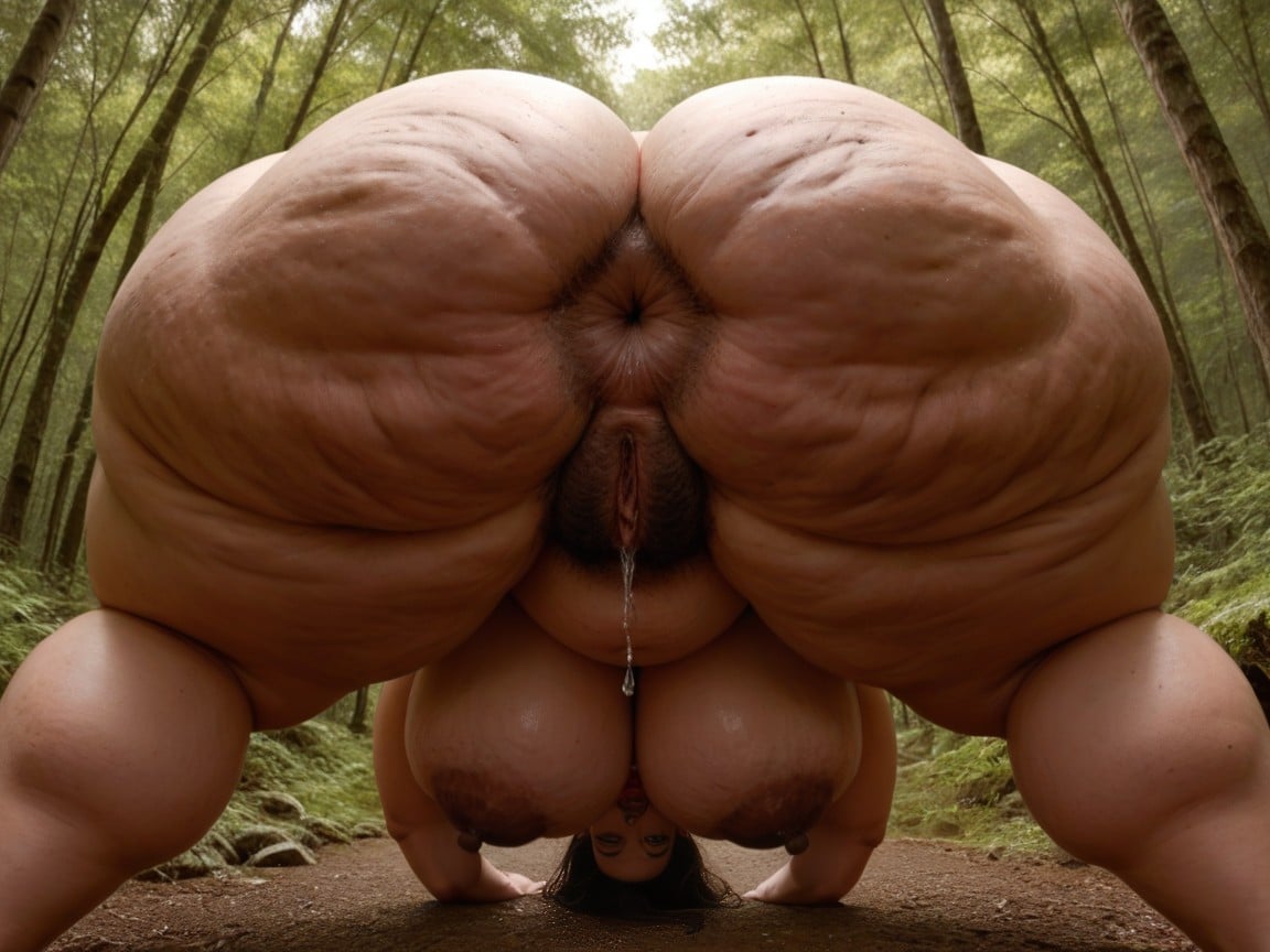 Thick Thighs, Ass Bigger Than Torso, Low Angle Rear View Emphasizing Her Colossal BBW AI Porn